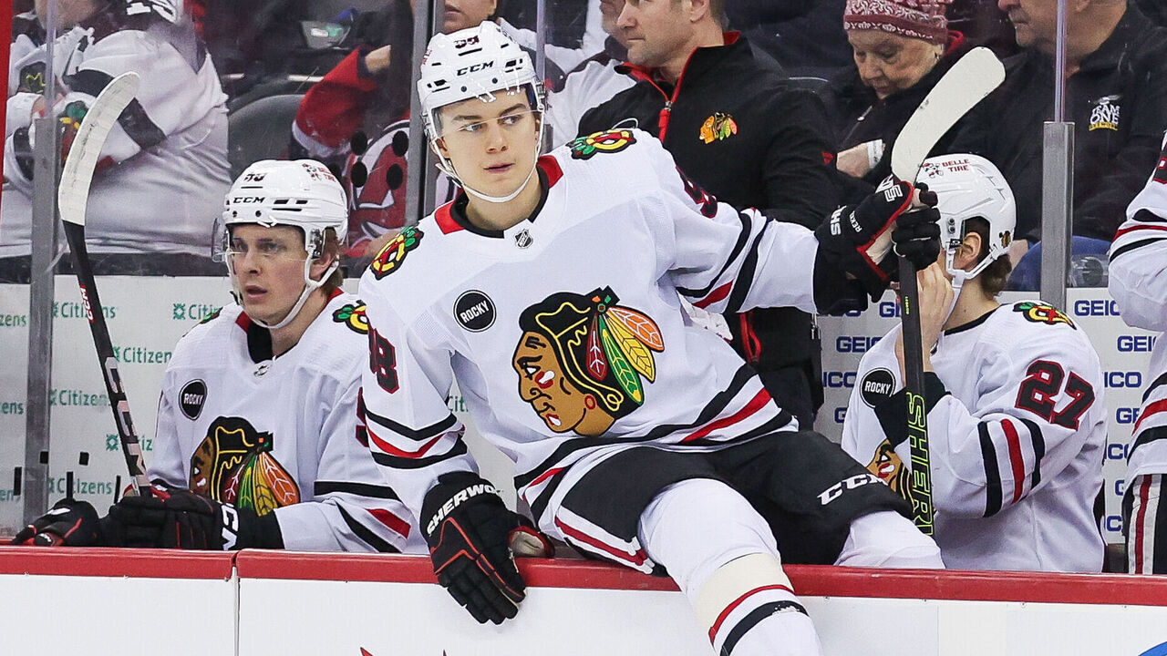 NEWARK, NJ - JANUARY 05: Chicago Blackhawks center Connor Bedard (98) jumps over the boards during a game between the Chicago Blackhawks and New Jersey Devils on January 05, 2024 at Prudential Center in the Newark, New Jersey.