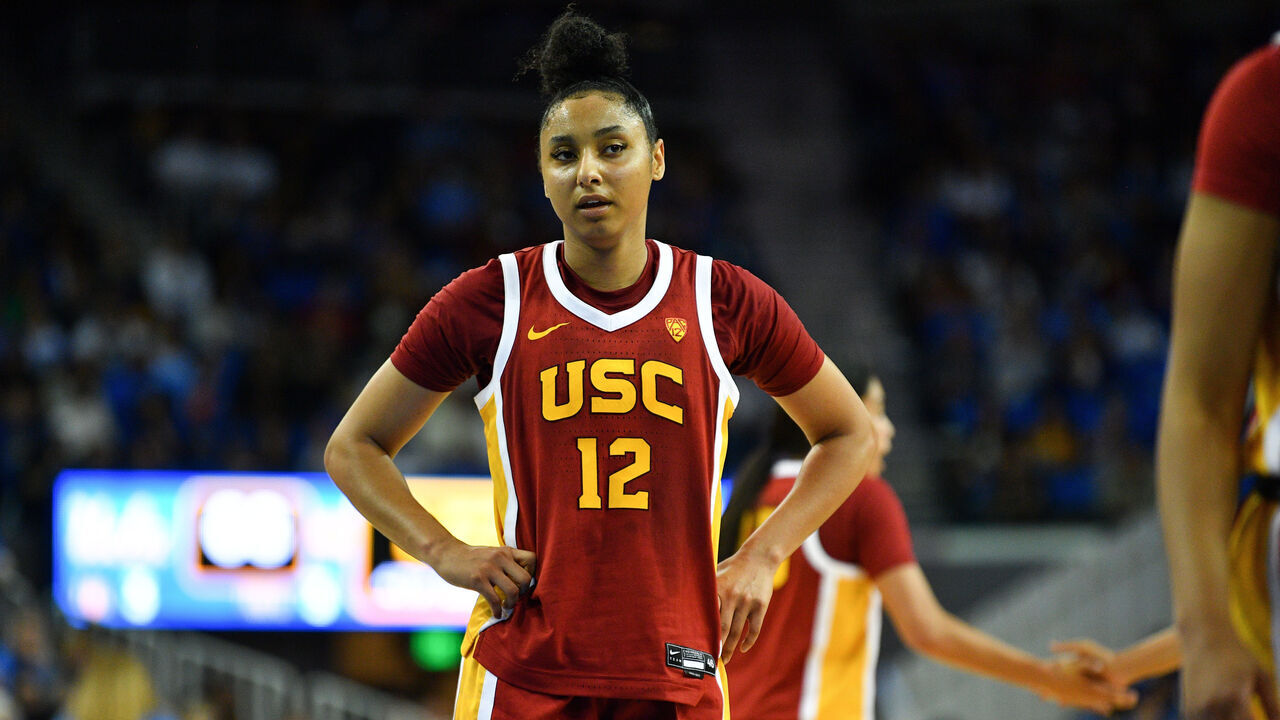 LOS ANGELES, CA - DECEMBER 30: USC Trojans guard JuJu Watkins (12) looks on during a women's college basketball game between the USC Trojans and the UCLA Bruins on December 30, 2023, at Pauley Pavilion in Los Angeles, CA.
