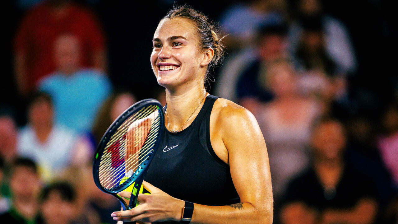 Aryna Sabalenka of Belarus reacts after victory during her women's singles match against compatriot Victoria Azarenka at the Brisbane International tennis tournament in Brisbane on January 6, 2024.