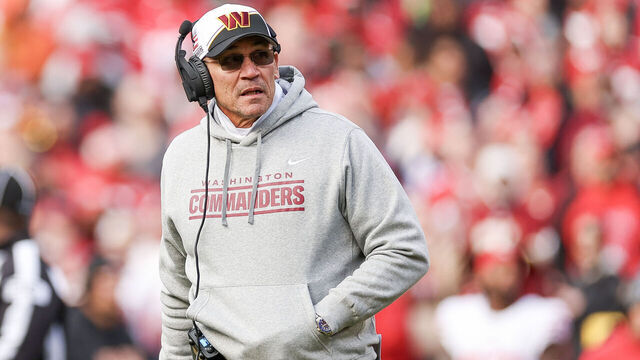 LANDOVER, MARYLAND - DECEMBER 31: Head coach Ron Rivera of the Washington Commanders looks on during the second half of a game against the San Francisco 49ers at FedExField on December 31, 2023 in Landover, Maryland.