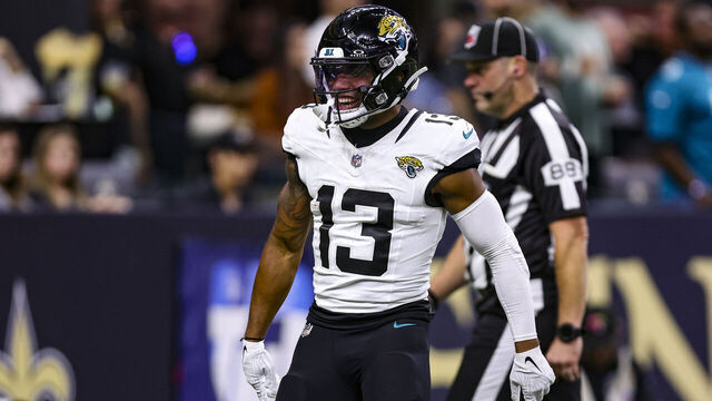 NEW ORLEANS, LA - OCTOBER 19: Christian Kirk #13 of the Jacksonville Jaguars celebrates after scoring a touchdown during an NFL football game against the New Orleans Saints at Caesars Superdome on October 19, 2023 in New Orleans, Louisiana.