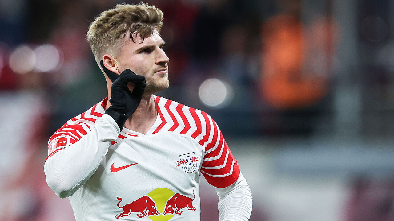 Leipzig's German forward #11 Timo Werner celebrates scoring the first goal during the German first division Bundesliga football match between RB Leipzig and FC Cologne in Leipzig, eastern Germany on October 28, 2023.