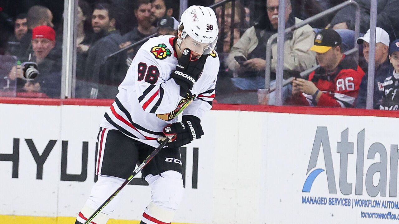 NEWARK, NJ - JANUARY 05: Chicago Blackhawks center Connor Bedard (98) skates off after being hit during a game between the Chicago Blackhawks and New Jersey Devils on January 05, 2024 at Prudential Center in the Newark, New Jersey.
