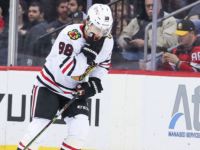 NEWARK, NJ - JANUARY 05: Chicago Blackhawks center Connor Bedard (98) skates off after being hit during a game between the Chicago Blackhawks and New Jersey Devils on January 05, 2024 at Prudential Center in the Newark, New Jersey.