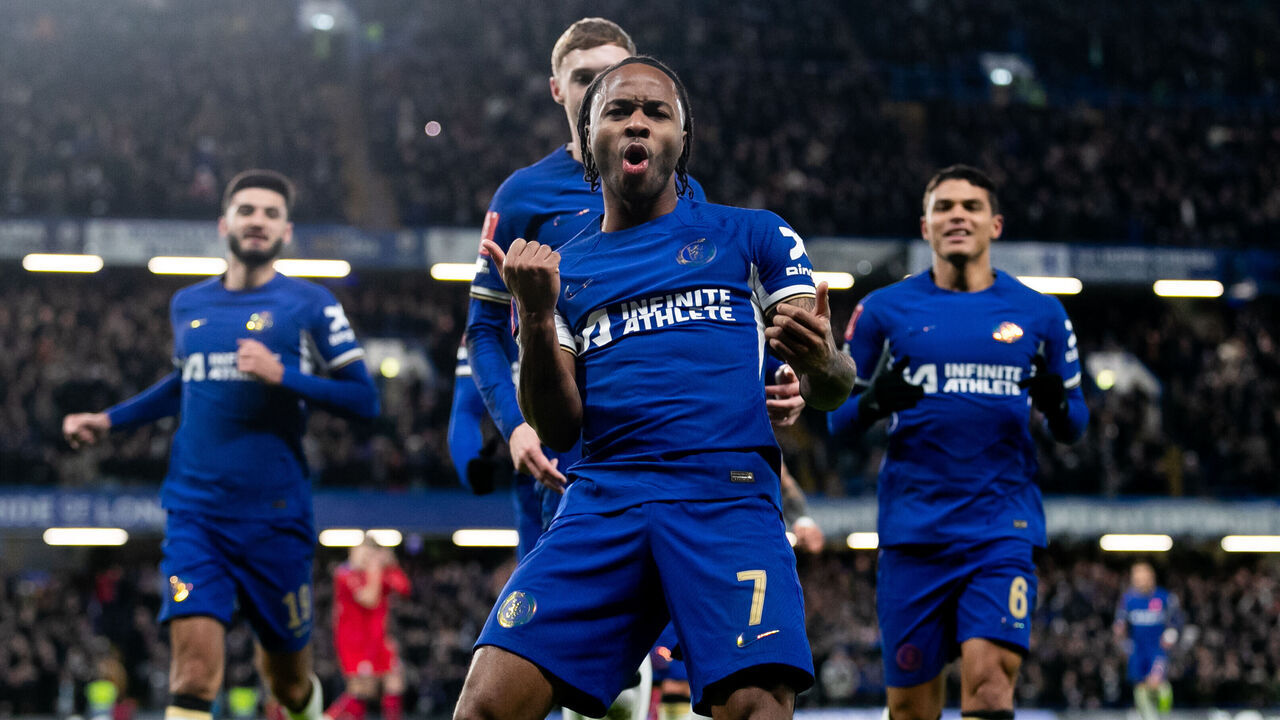 LONDON, ENGLAND - JANUARY 6: Raheem Sterling of Chelsea celebrates after scoring his team's third goal during the Emirates FA Cup Third Round match between Chelsea and Preston North End at Stamford Bridge on January 6, 2024 in London, England.