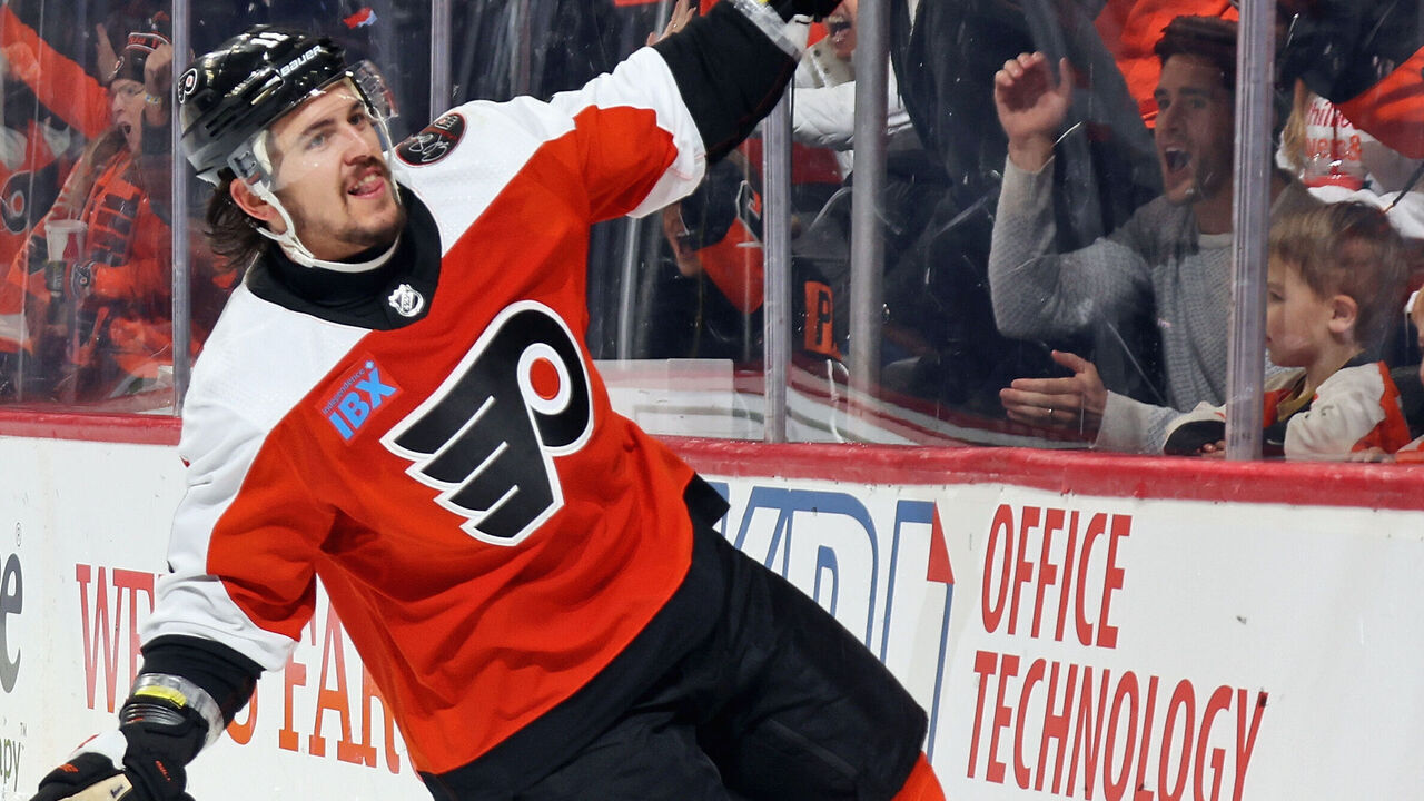 PHILADELPHIA, PENNSYLVANIA - JANUARY 06: Travis Konecny #11 of the Philadelphia Flyers reacts after scoring a shorthanded goal in the third period against the Calgary Flames at the Wells Fargo Center on January 6, 2024 in Philadelphia, Pennsylvania.