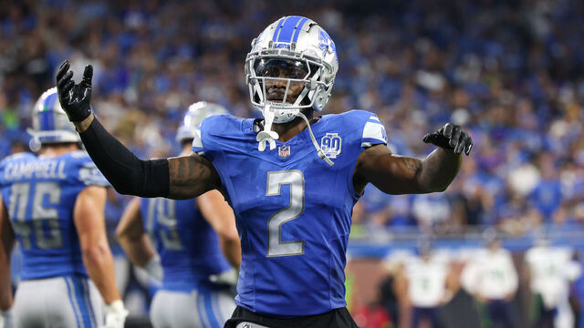 DETROIT, MI - SEPTEMBER 17: Detroit Lions safety C.J. Gardner-Johnson (2) gestures to the crowd to get loud before a play during the fourth quarter of an NFL football game between the Seattle Seahawks and the Detroit Lions on September 17, 2023 at Ford Field in Detroit, Michigan.