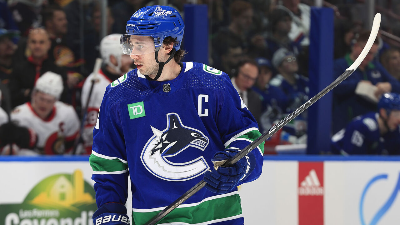 VANCOUVER, CANADA - JANUARY 02: Quinn Hughes #43 of the Vancouver Canucks skates up ice during their NHL game against the Ottawa Senators at Rogers Arena on January 2, 2024 in Vancouver, British Columbia, Canada.
