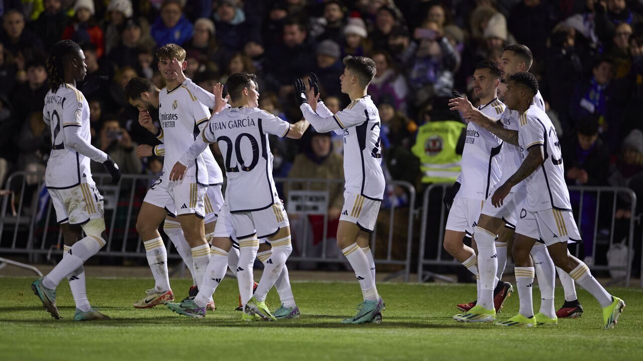 ARANDA DE DUERO, SPAIN - JANUARY 06: Arda Guler (24) of Real Madrid celebrates with his teammates after Brahim Diaz's (21) goal during the Copa del Rey last 32 match between Arandina CF and Real Madrid at Estadio El Montecillo Stadium in Burgos, Aranda de Duero, Spain on January 06, 2024.