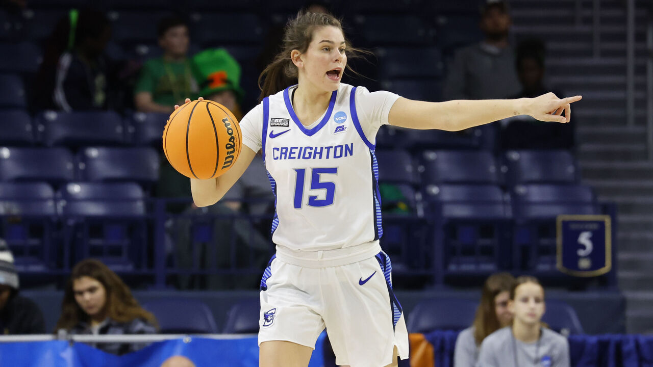 SOUTH BEND, IN - MARCH 17: Creighton Bluejays guard Lauren Jensen (15) with ball during the Mississippi State Bulldogs game versus the Creighton Bluejays game in the First Four of the NCAA Women's Basketball Championship Greenville Regional 1 on March 17, 2023 at Purcell Pavilion in South Bend, IN.