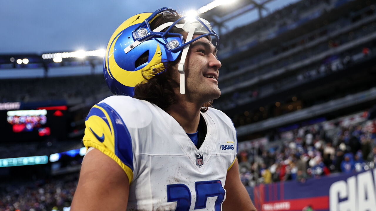 EAST RUTHERFORD, NEW JERSEY - DECEMBER 31: Puka Nacua #17 of the Los Angeles Rams looks on after his team's 26-25 win against the New York Giants at MetLife Stadium on December 31, 2023 in East Rutherford, New Jersey.