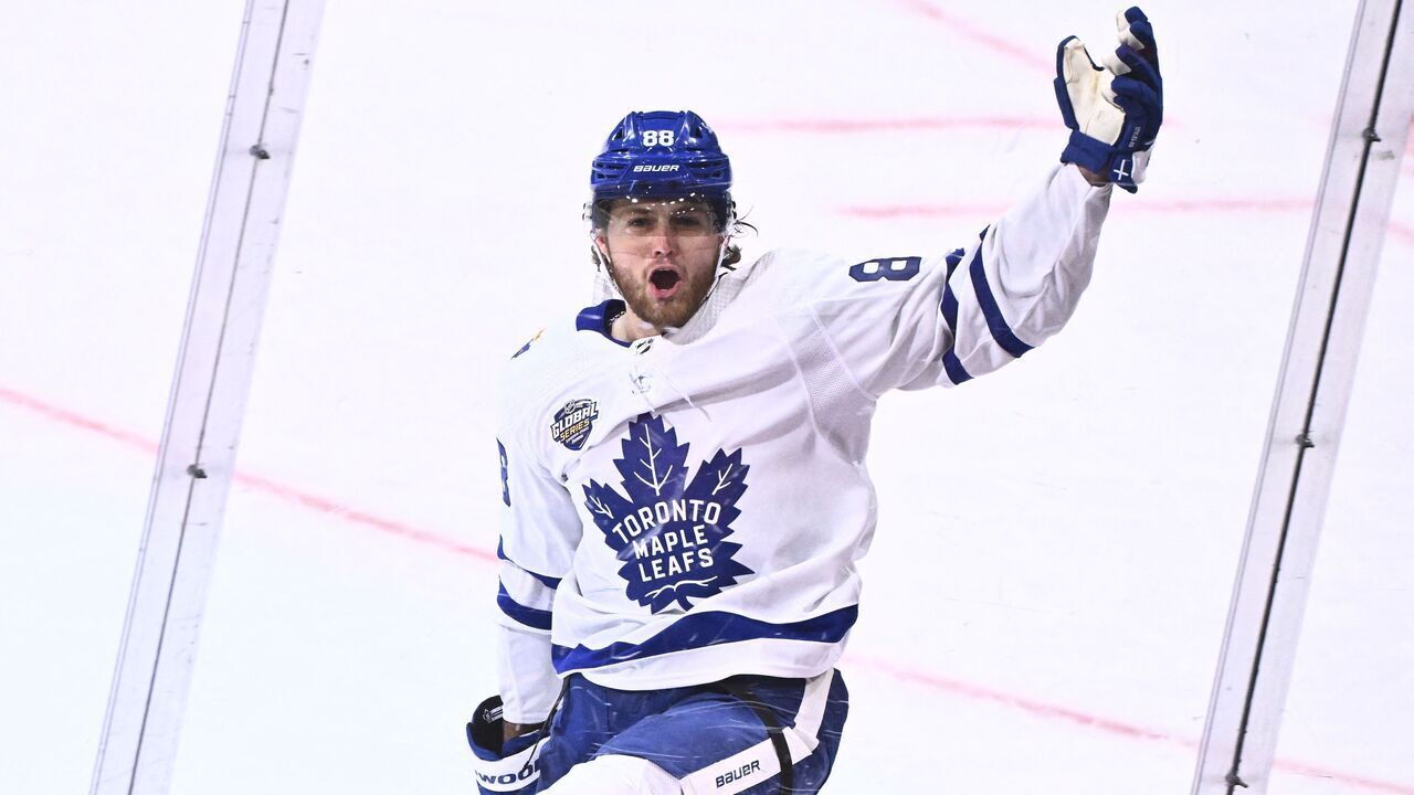 Toronto's William Nylander (#88) celebrates scoring during the NHL Global Series Sweden ice hockey match between Toronto Maple Leafs and Minnesota Wild at Avicii Arena in Stockholm, Sweden, on November 19, 2023.