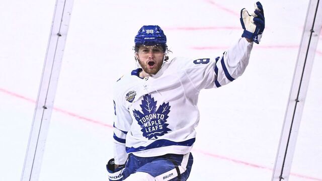 Toronto's William Nylander (#88) celebrates scoring during the NHL Global Series Sweden ice hockey match between Toronto Maple Leafs and Minnesota Wild at Avicii Arena in Stockholm, Sweden, on November 19, 2023.