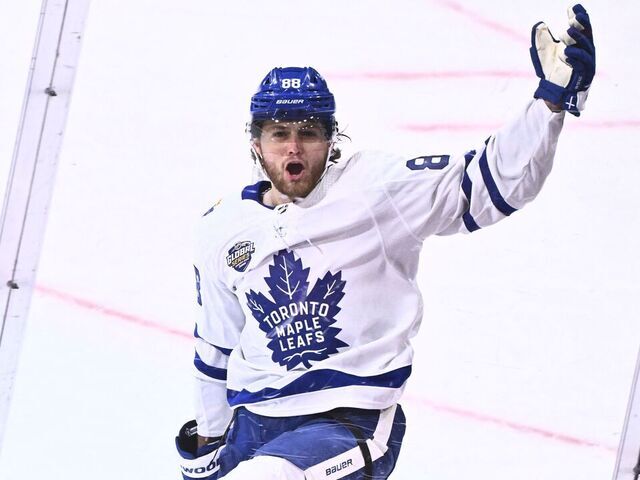 Toronto's William Nylander (#88) celebrates scoring during the NHL Global Series Sweden ice hockey match between Toronto Maple Leafs and Minnesota Wild at Avicii Arena in Stockholm, Sweden, on November 19, 2023.