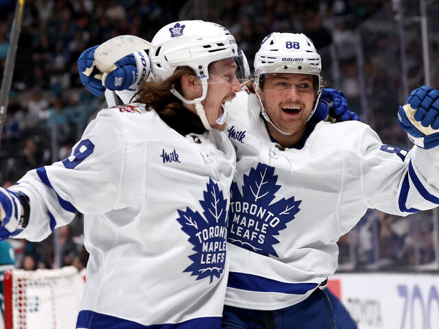 SAN JOSE, CALIFORNIA - JANUARY 06: William Nylander #88 of the Toronto Maple Leafs is congratulated by Tyler Bertuzzi #59 after he scored his second goal of the period against the San Jose Sharks in the third period at SAP Center on January 06, 2024 in San Jose, California.