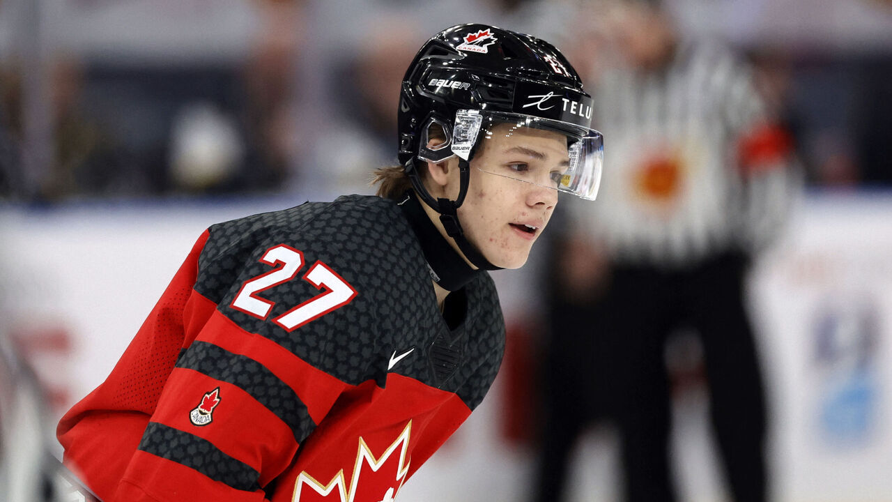 Canada's forward Easton Cowan celebrates scoring the 6-3 goal during the Group A ice hockey match between Canada and Germany of the IIHF World Junior Championship in Gothenburg, Sweden on December 31, 2023.