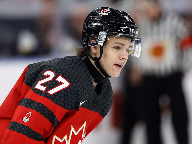 Canada's forward Easton Cowan celebrates scoring the 6-3 goal during the Group A ice hockey match between Canada and Germany of the IIHF World Junior Championship in Gothenburg, Sweden on December 31, 2023.