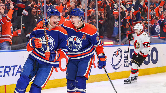 EDMONTON, AB - JANUARY 6: Edmonton Oilers Right Wing Zach Hyman (18) celebrates his goal on Ottawa Senators Goalie Anton Forsberg (31) in the third period of the Edmonton Oilers game versus the Ottawa Senators on January 6, 2024 at Rogers Place in Edmonton, AB.