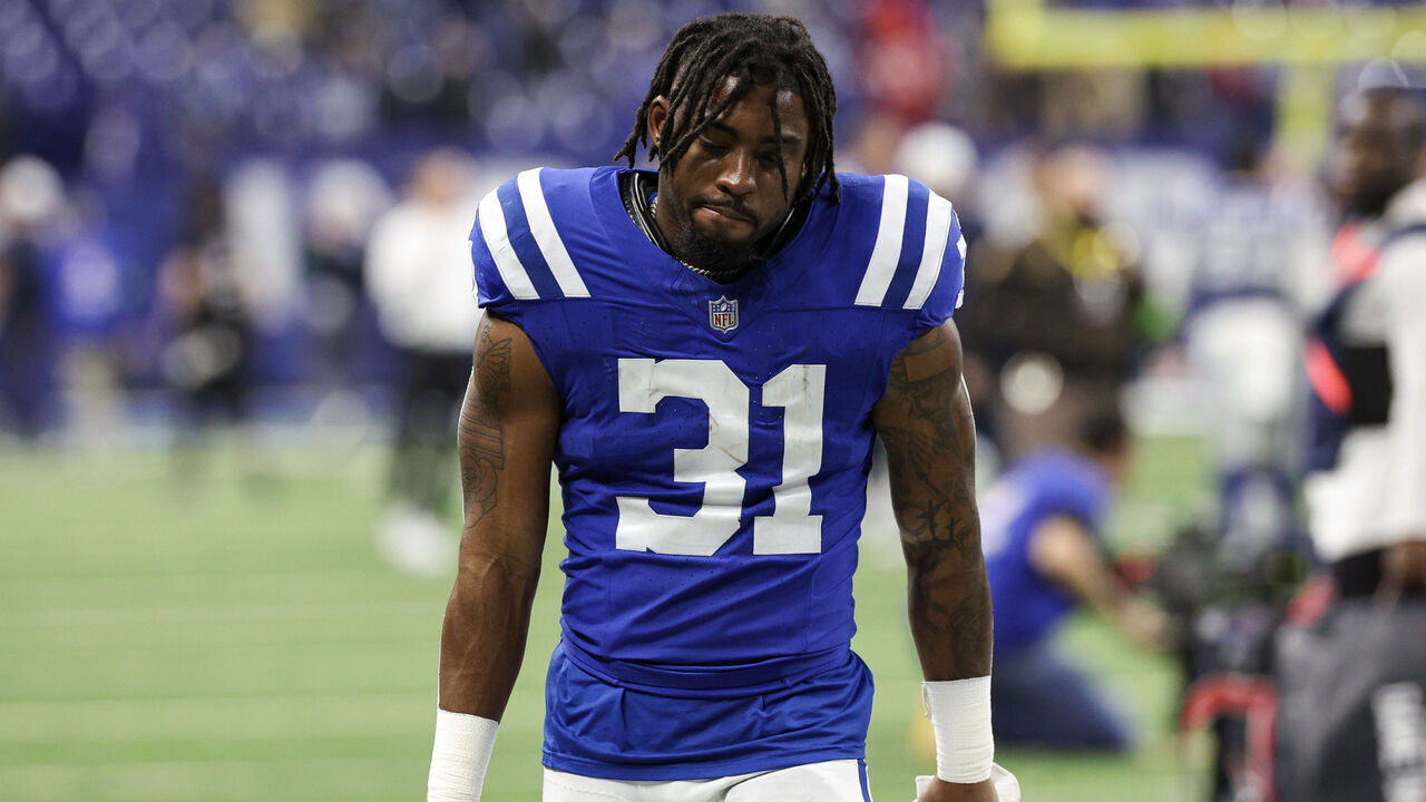 INDIANAPOLIS, INDIANA - JANUARY 06: Tyler Goodson #31 of the Indianapolis Colts walks off the field after the game against the Houston Texans at Lucas Oil Stadium on January 06, 2024 in Indianapolis, Indiana.