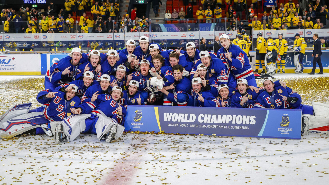 USA's players celebrate after winning the final of the IIHF World Junior Championship ice hockey match between USA and Sweden in Gothenburg, Sweden on January 5, 2024.