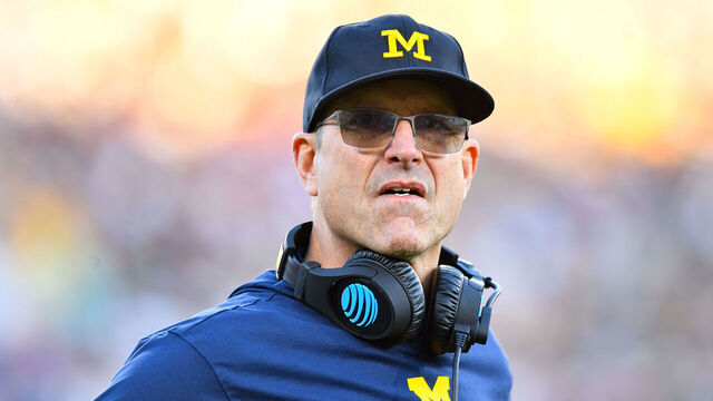 PASADENA, CA - JANUARY 01: Head Coach Jim Harbaugh of the Michigan Wolverines looks on during the Alabama Crimson Tide game versus the Michigan Wolverines CFP Semifinal at the Rose Bowl Game on January, 1, 2024, at the Rose Bowl Stadium in Pasadena, CA.