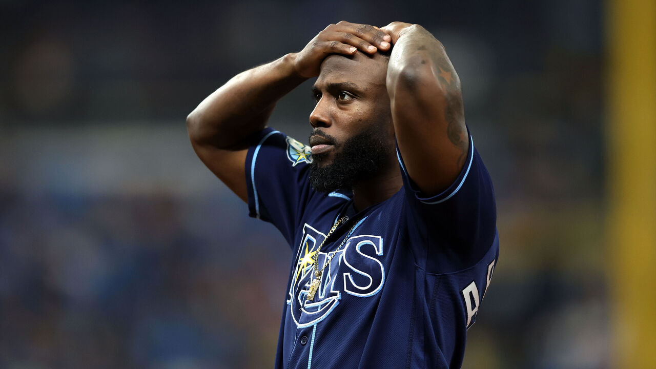 TAMPA, FL - OCTOBER 04: Randy Arozarena #56 of the Tampa Bay Rays reacts during Game 2 of the Wild Card Series between the Texas Rangers and the Tampa Bay Rays at Tropicana Field on Wednesday, October 4, 2023 in Tampa, Florida.