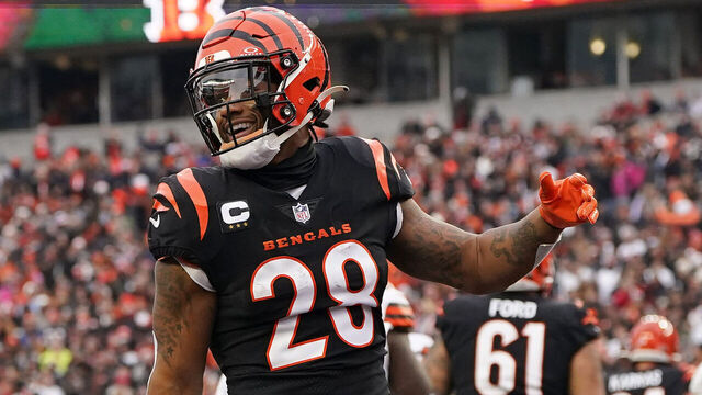CINCINNATI, OHIO - JANUARY 07: Joe Mixon #28 of the Cincinnati Bengals celebrates after a touchdown during the first quarter in the game against the Cleveland Browns at Paycor Stadium on January 07, 2024 in Cincinnati, Ohio.