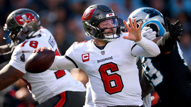 CHARLOTTE, NORTH CAROLINA - JANUARY 07: Baker Mayfield #6 of the Tampa Bay Buccaneers throws a pass during the second quarter against the Carolina Panthers at Bank of America Stadium on January 07, 2024 in Charlotte, North Carolina.