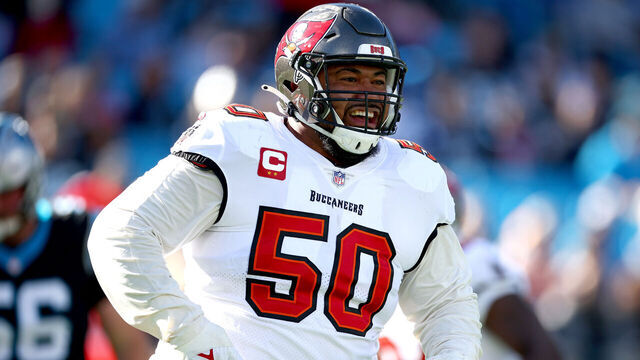 CHARLOTTE, NORTH CAROLINA - JANUARY 07: Vita Vea #50 of the Tampa Bay Buccaneers reacts to a sack during the first quarter against the Carolina Panthers at Bank of America Stadium on January 07, 2024 in Charlotte, North Carolina.