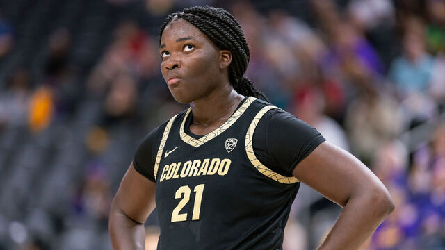 LAS VEGAS, NEVADA - NOVEMBER 6: Aaronette Vonleh #21 of the Colorado Buffaloes is seen during the game against the LSU Lady Tigers in the Naismith Hall of Fame Series at T-Mobile Arena on November 6, 2023 in Las Vegas, Nevada.