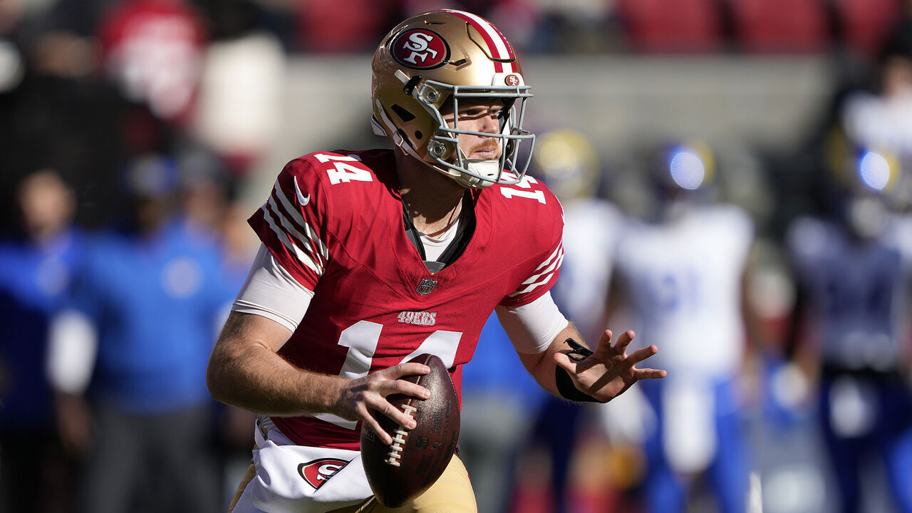 SANTA CLARA, CALIFORNIA - JANUARY 07: Sam Darnold #14 of the San Francisco 49ers looks to pass in the first half during a game against the Los Angeles Rams at Levi's Stadium on January 07, 2024 in Santa Clara, California.