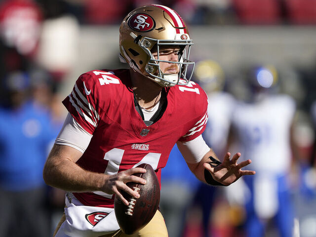 SANTA CLARA, CALIFORNIA - JANUARY 07: Sam Darnold #14 of the San Francisco 49ers looks to pass in the first half during a game against the Los Angeles Rams at Levi's Stadium on January 07, 2024 in Santa Clara, California.