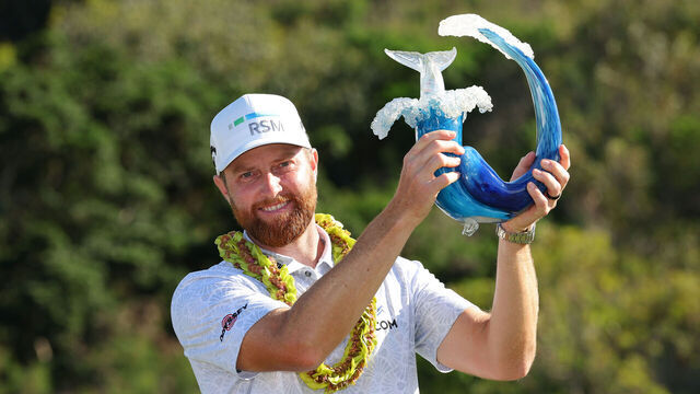 KAPALUA, HAWAII - JANUARY 07: Chris Kirk of the United States celebrates with the trophy after winning the final round of The Sentry at Plantation Course at Kapalua Golf Club on January 07, 2024 in Kapalua, Hawaii.