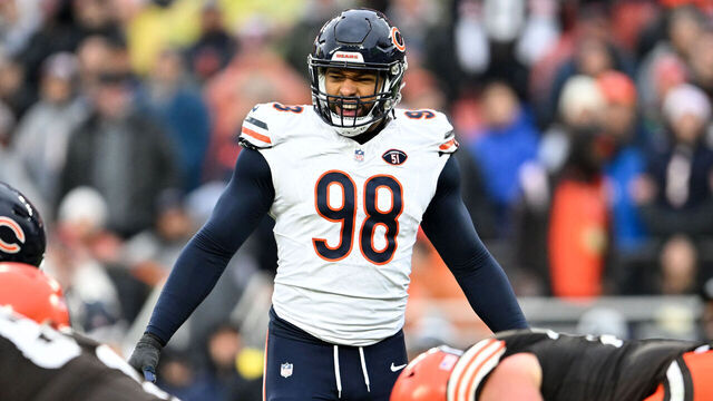 CLEVELAND, OHIO - DECEMBER 17: Montez Sweat #98 of the Chicago Bears waits for the snap during the first half against the Cleveland Browns at Cleveland Browns Stadium on December 17, 2023 in Cleveland, Ohio.