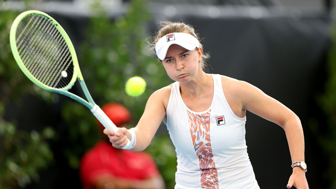 ADELAIDE, AUSTRALIA - JANUARY 08: Barbora Krejcikova of Czechoslovakia plays a forehand during their match against Anna Kalinskaya at Memorial Drive on January 08, 2024 in Adelaide, Australia.