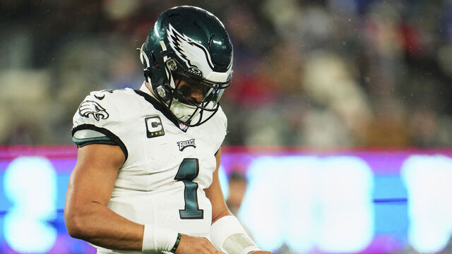 EAST RUTHERFORD, NJ - JANUARY 07: Jalen Hurts #1 of the Philadelphia Eagles looks at his finger against the New York Giants during the first half at MetLife Stadium on January 7, 2024 in East Rutherford, New Jersey.
