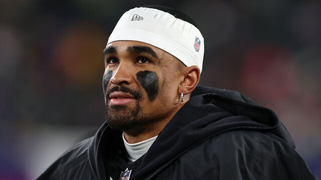 EAST RUTHERFORD, NEW JERSEY - JANUARY 07: Jalen Hurts #1 of the Philadelphia Eagles looks on from the sidelines during the second half in the game against the New York Giants at MetLife Stadium on January 07, 2024 in East Rutherford, New Jersey.