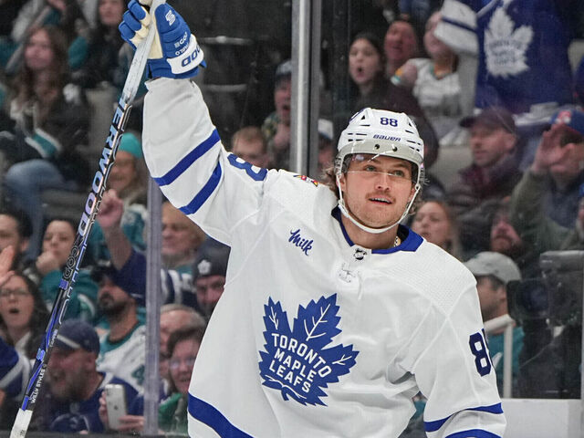 SAN JOSE, CALIFORNIA - JANUARY 6: William Nylander #88 of the Toronto Maple Leafs celebrating a goal during the game at SAP Center on January 6, 2023 in San Jose, California.