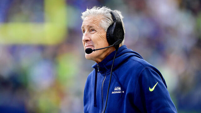 SEATTLE, WASHINGTON - DECEMBER 31: Head coach Pete Carroll looks on during the second half against the Pittsburgh Steelers at Lumen Field on December 31, 2023 in Seattle, Washington.