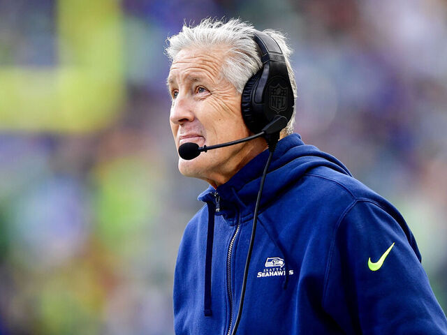 SEATTLE, WASHINGTON - DECEMBER 31: Head coach Pete Carroll looks on during the second half against the Pittsburgh Steelers at Lumen Field on December 31, 2023 in Seattle, Washington.