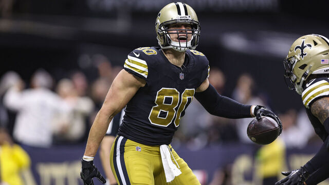 NEW ORLEANS, LA - DECEMBER 10: Jimmy Graham #80 of the New Orleans Saints celebrates after scoring a touchdown during an NFL football game against the Carolina Panthers at Caesars Superdome on December 10, 2023 in New Orleans, LA.