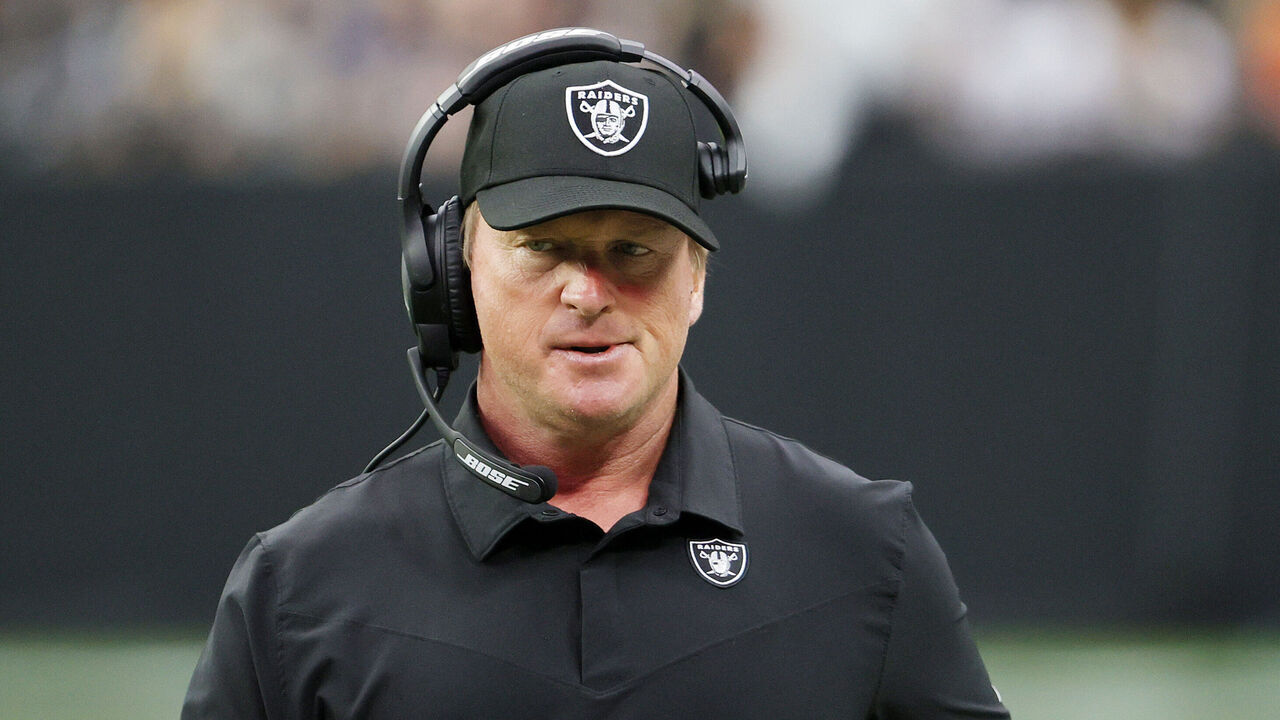 LAS VEGAS, NEVADA - OCTOBER 10: Head coach John Gruden of the Las Vegas Raiders reacts during the first half against the Chicago Bears at Allegiant Stadium on October 10, 2021 in Las Vegas, Nevada.