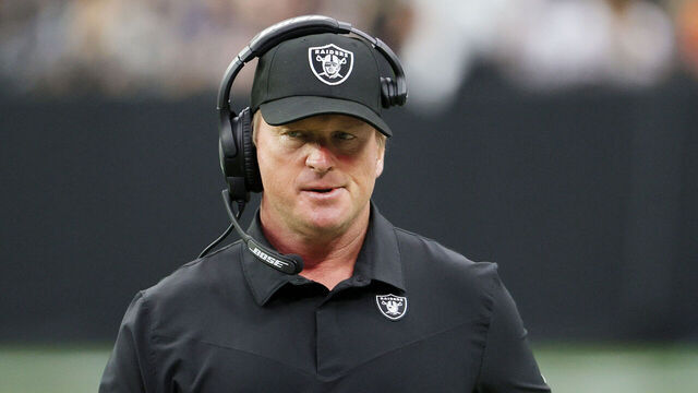 LAS VEGAS, NEVADA - OCTOBER 10: Head coach John Gruden of the Las Vegas Raiders reacts during the first half against the Chicago Bears at Allegiant Stadium on October 10, 2021 in Las Vegas, Nevada.
