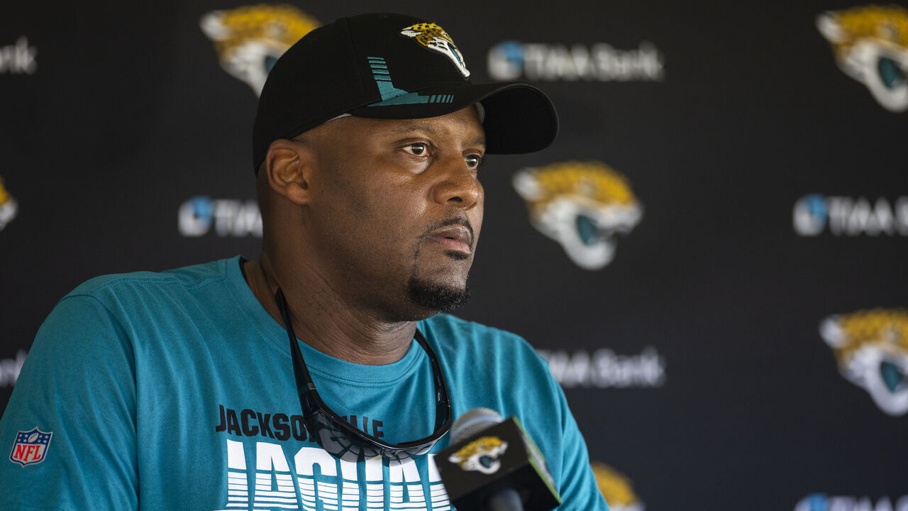 JACKSONVILLE, FLORIDA - JULY 26: Mike Caldwell, Defensive coordinator of the Jacksonville Jaguars speaks to the Media during Training camp on July 26, 2022 at Episcopal High School in Jacksonville, Florida.