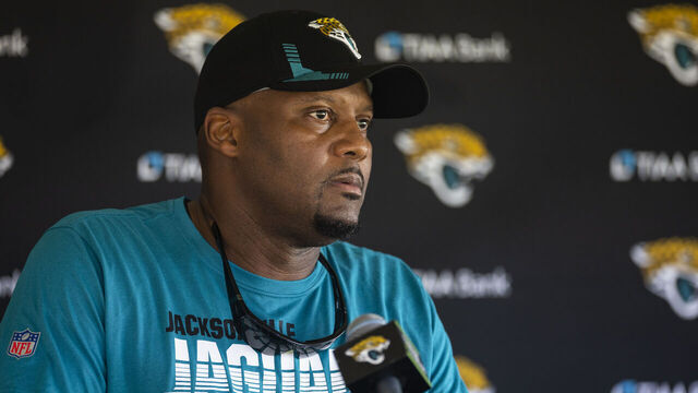 JACKSONVILLE, FLORIDA - JULY 26: Mike Caldwell, Defensive coordinator of the Jacksonville Jaguars speaks to the Media during Training camp on July 26, 2022 at Episcopal High School in Jacksonville, Florida.