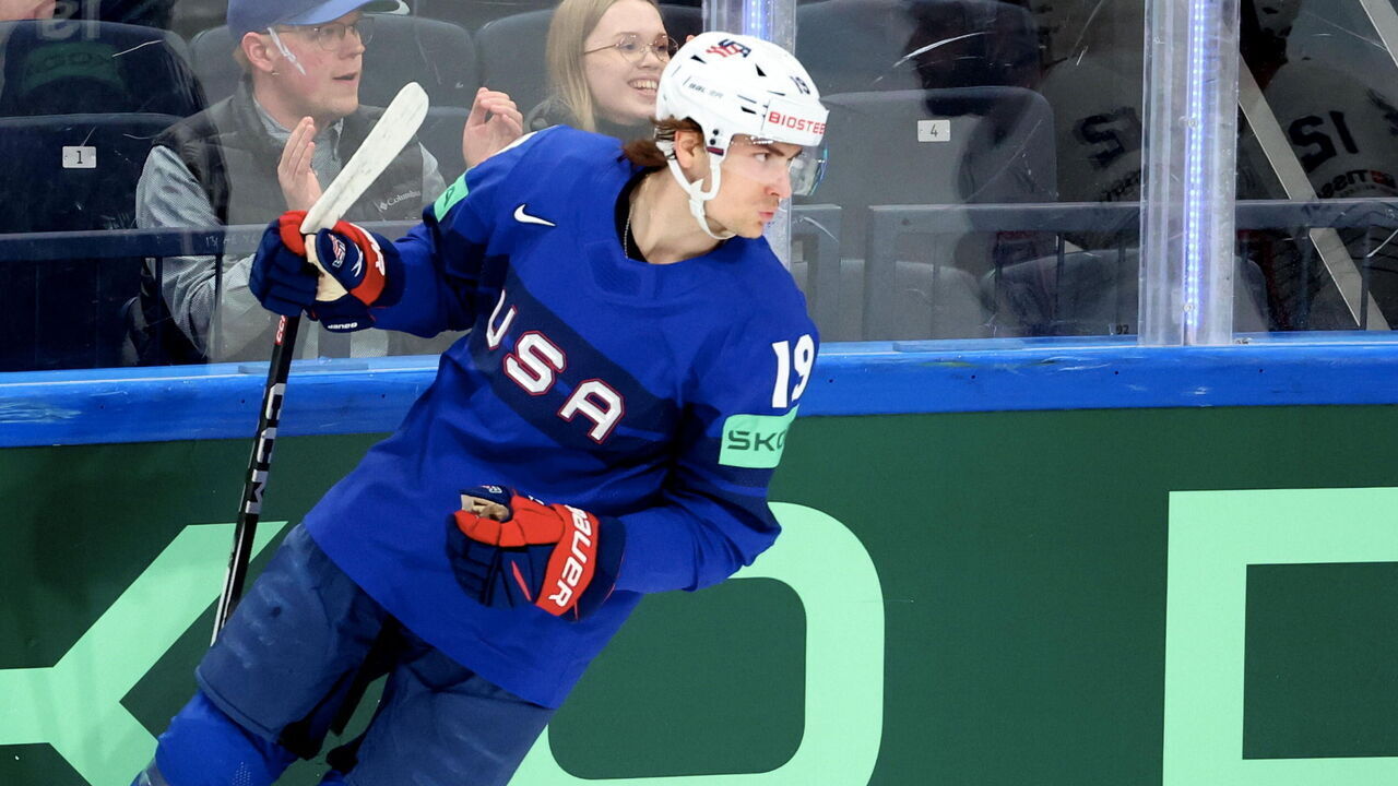 TAMPERE, FINLAND - MAY 21: Cutter Gauthier 19 of Team United States celebrate his first goal during the 2023 IIHF Ice Hockey World Championship Finland - Latvia game between United States France at on May 21, 2023 in Tampere, Finland.