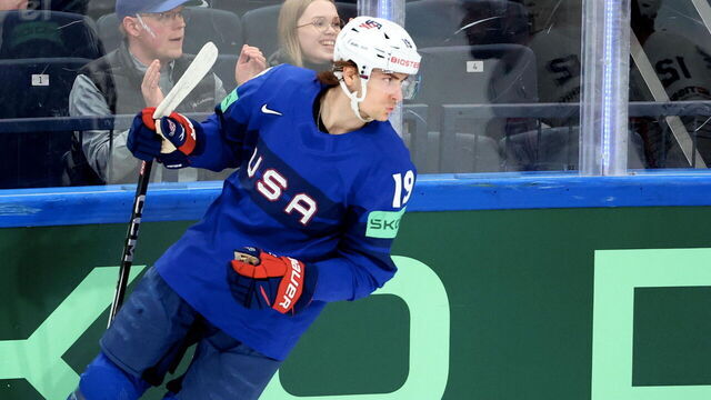 TAMPERE, FINLAND - MAY 21: Cutter Gauthier 19 of Team United States celebrate his first goal during the 2023 IIHF Ice Hockey World Championship Finland - Latvia game between United States France at on May 21, 2023 in Tampere, Finland.