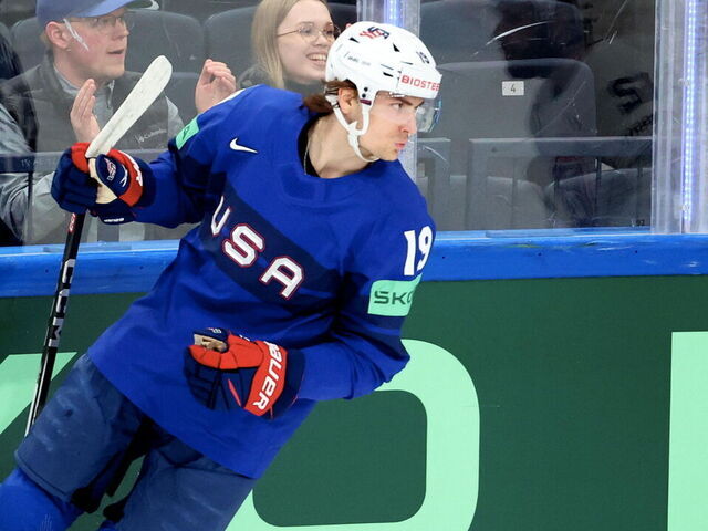 TAMPERE, FINLAND - MAY 21: Cutter Gauthier 19 of Team United States celebrate his first goal during the 2023 IIHF Ice Hockey World Championship Finland - Latvia game between United States France at on May 21, 2023 in Tampere, Finland.