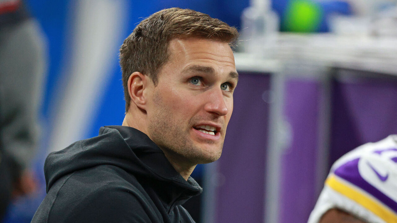 Minnesota Vikings quarterback Kirk Cousins (8) looks on from the sidelines during the second half of an NFL football game between the Minnesota Vikings and the Detroit Lions in Detroit, Michigan USA, on Sunday, January 7, 2024.