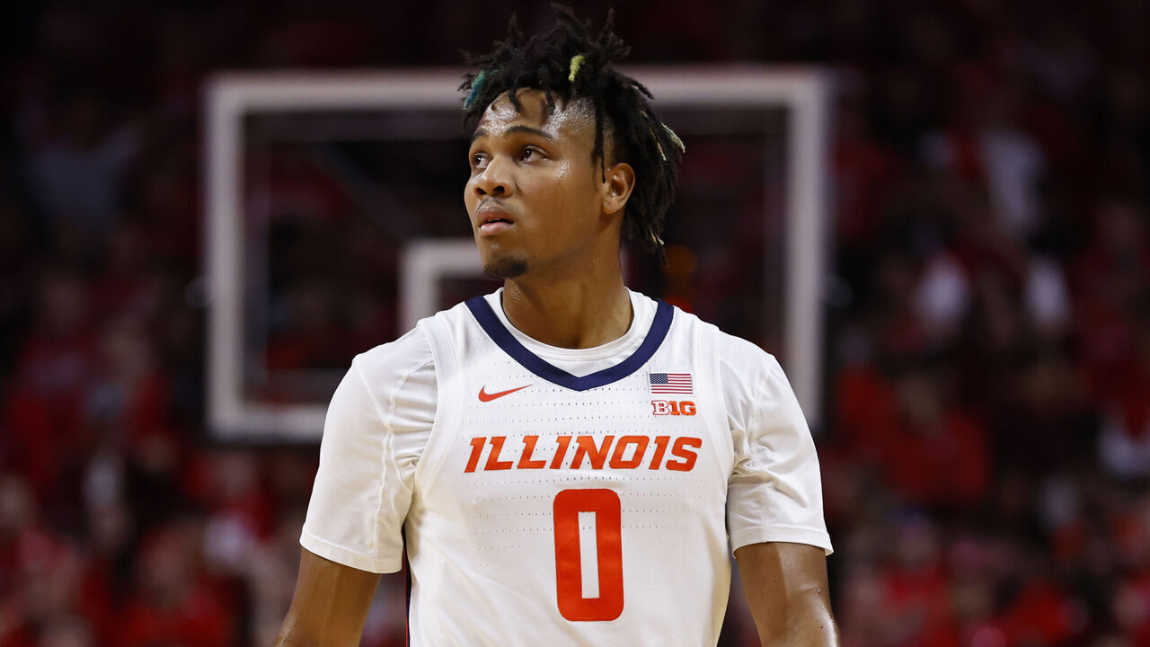 PISCATAWAY, NEW JERSEY - DECEMBER 2: Terrence Shannon Jr. #0 of the Illinois Fighting Illini in action against the Rutgers Scarlet Knights during a game at Jersey Mikes Arena on December 2, 2023 in Piscataway, New Jersey. Illinois defeated Rutgers 76-58.
